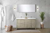 Lafarre 60" Rustic Acacia Double Bathroom Vanity, White Quartz Top, White Square Sinks, Labaro Brushed Nickel Faucet Set, and 55" Frameless Mirror