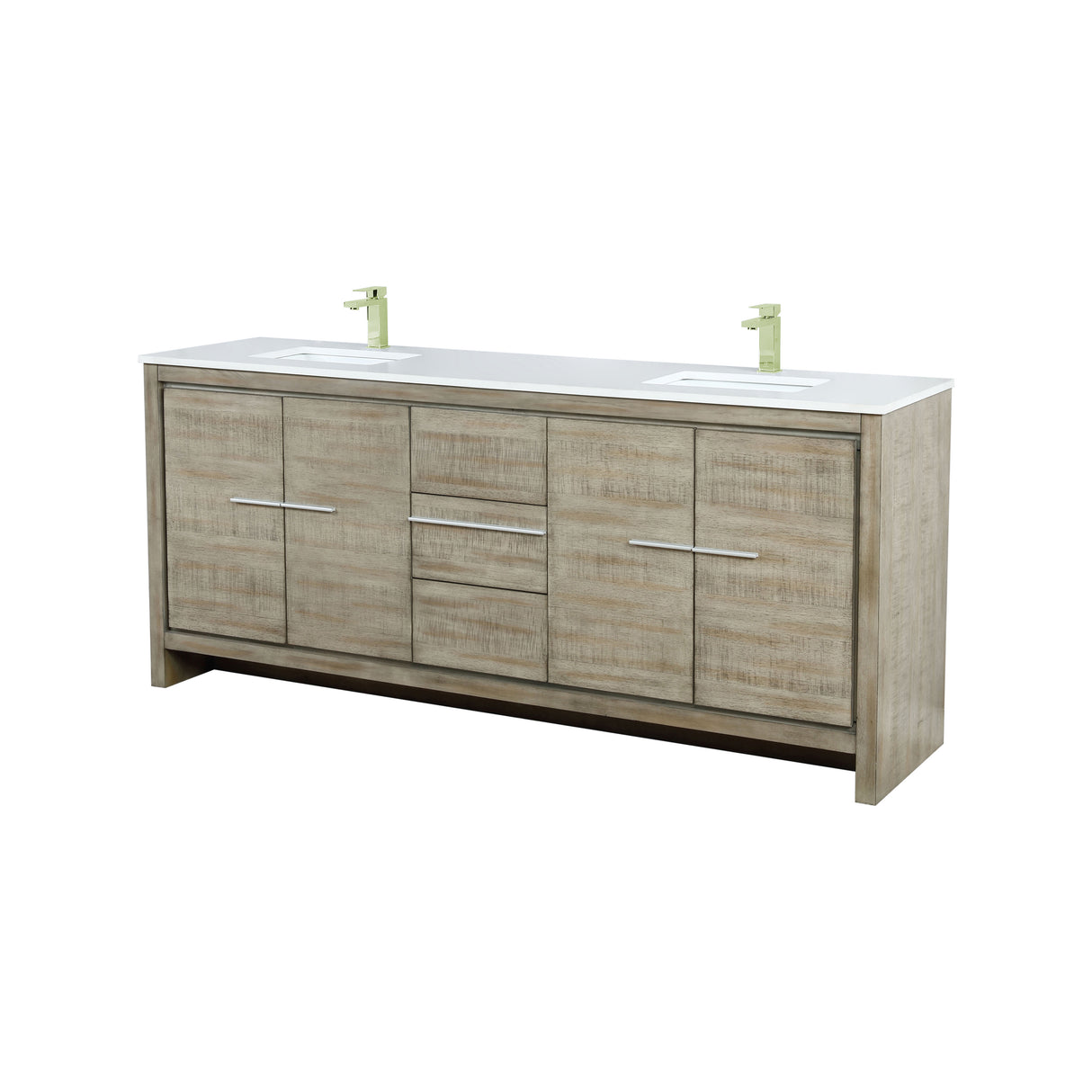 Lafarre 80 in. Rustic Acacia  Freestanding Bathroom Vanity with White Quartz Top, White Square Sink, and Labaro Brushed Nickel Faucet Set