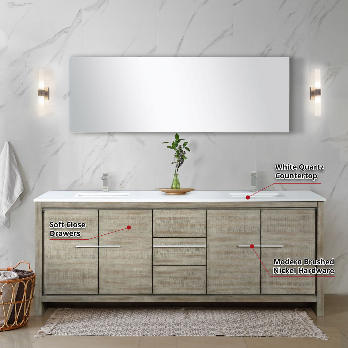 Lafarre 80 in. Rustic Acacia  Freestanding Bathroom Vanity with White Quartz Top, White Square Sink, and Labaro Brushed Nickel Faucet Set