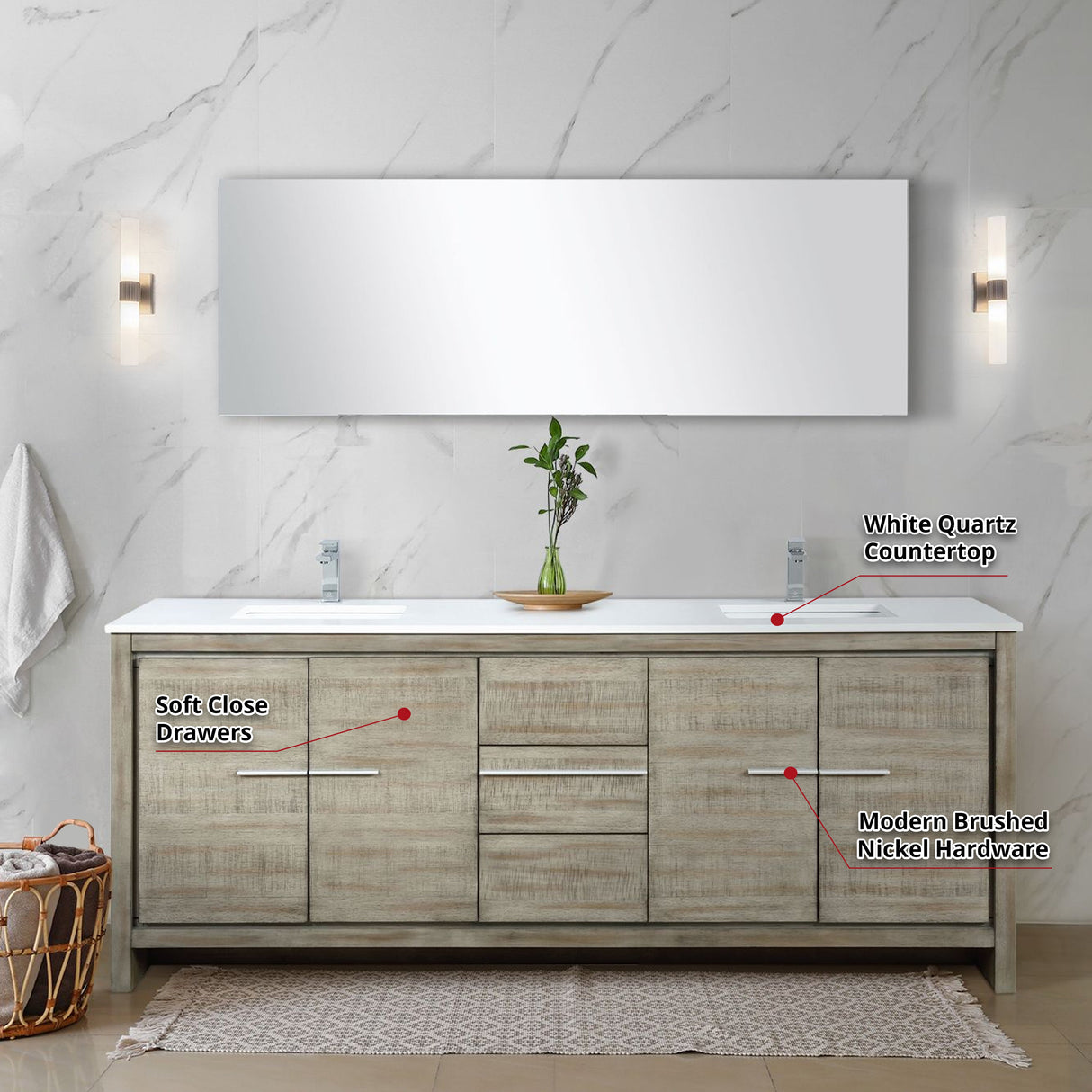 Lafarre Rustic Acacia Freestanding Bathroom Vanity with White Quartz Top, White Square Sink, and Balzani Gun Metal Faucet Set