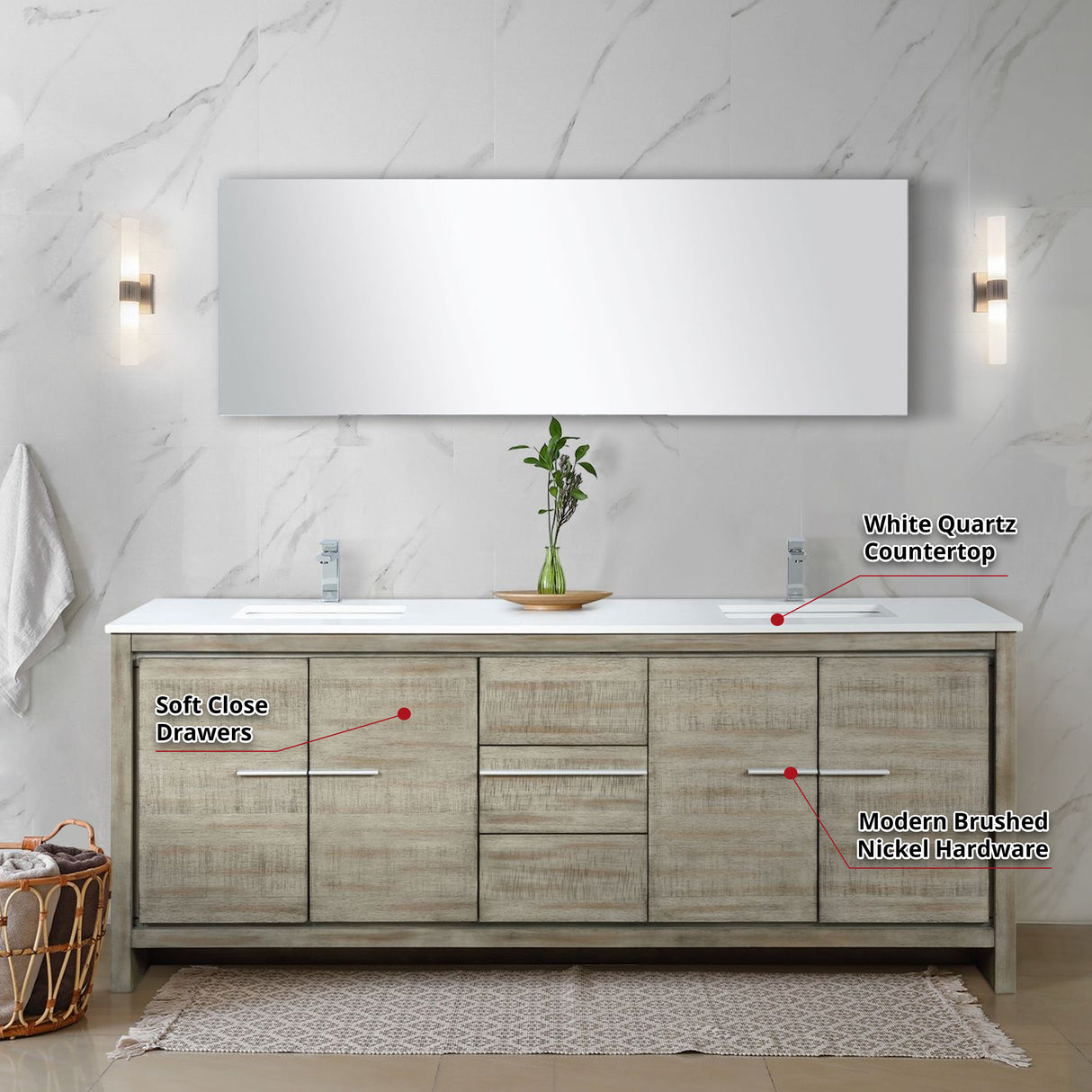 Lafarre 80 in. Rustic Acacia  Freestanding Bathroom Vanity with White Quartz Top, White Square Sink, and Balzani Gun Metal Faucet Set