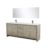 Lafarre 80" Rustic Acacia Double Bathroom Vanity, White Quartz Top, White Square Sinks, Balzani Gun Metal Faucet Set, and 70" Frameless Mirror