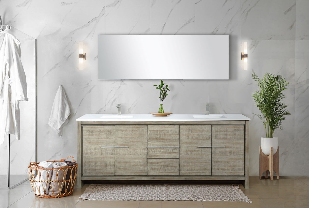 Lafarre 80 in. Rustic Acacia  Freestanding Bathroom Vanity with White Quartz Top, White Square Sink, and Labaro Brushed Nickel Faucet Set
