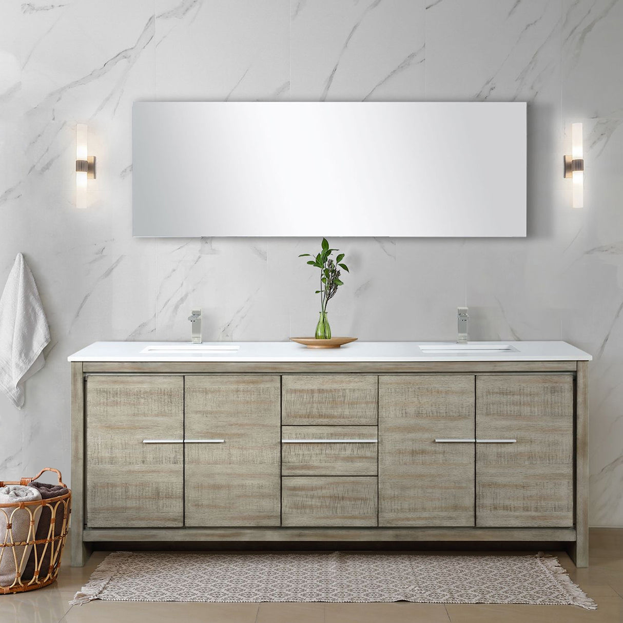 Lafarre 80 in. Rustic Acacia  Freestanding Bathroom Vanity with White Quartz Top, White Square Sink, and Labaro Brushed Nickel Faucet Set