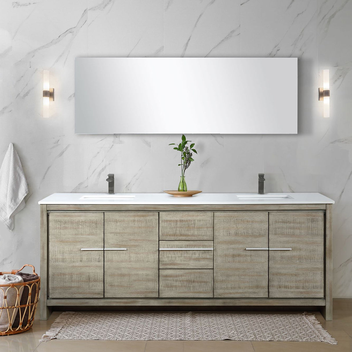 Lafarre 80 in. Rustic Acacia  Freestanding Bathroom Vanity with White Quartz Top, White Square Sink, and Balzani Gun Metal Faucet Set