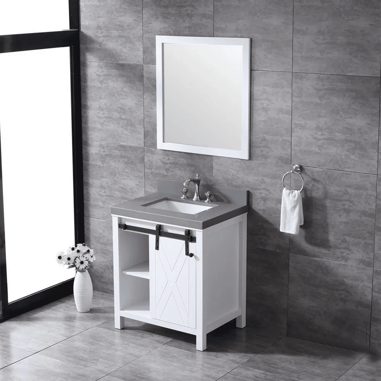 Marsyas 30" White Single Vanity, Grey Quartz Top, White Square Sink and no Mirror