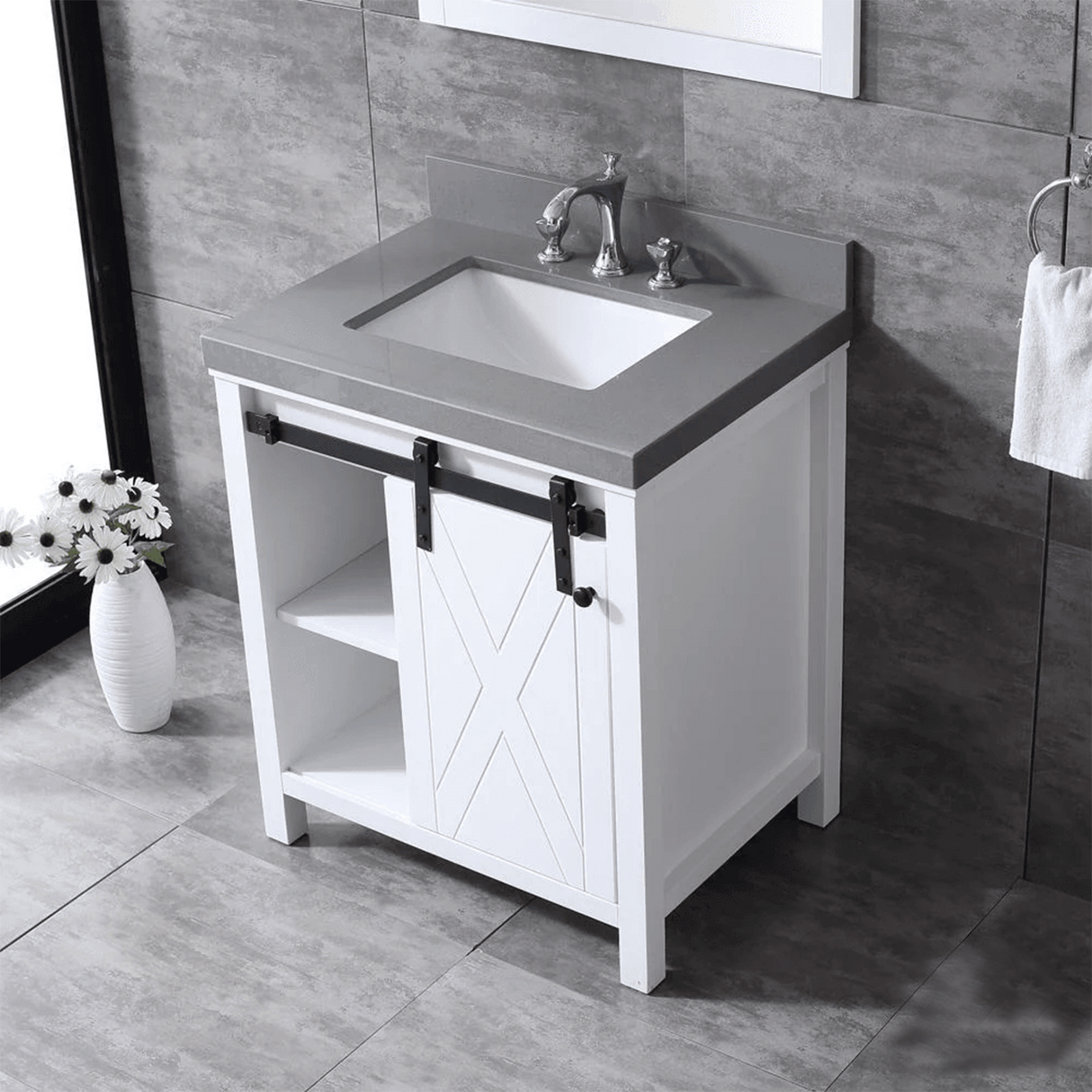 Marsyas 30" White Single Vanity, Grey Quartz Top, White Square Sink and no Mirror