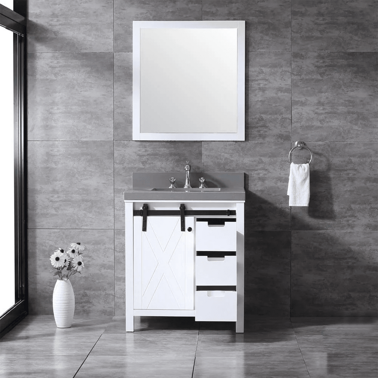 Marsyas 30" White Single Vanity, Grey Quartz Top, White Square Sink and no Mirror