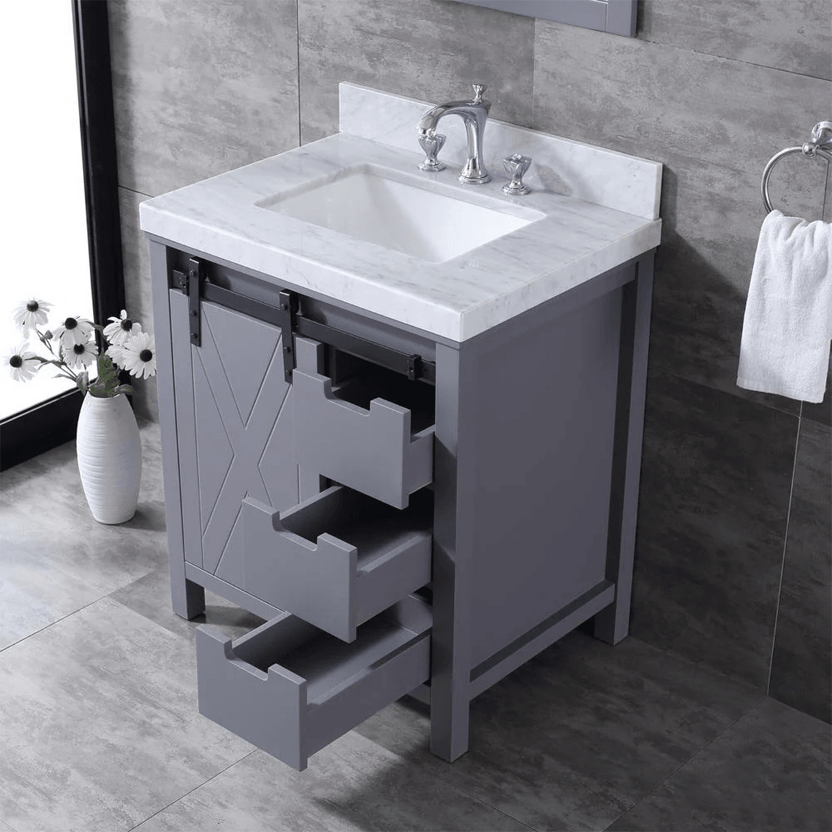 Marsyas 30 In. Freestanding Dark Grey Bathroom Vanity With With Single undermount ceramic sink, White Carrara Marble Top