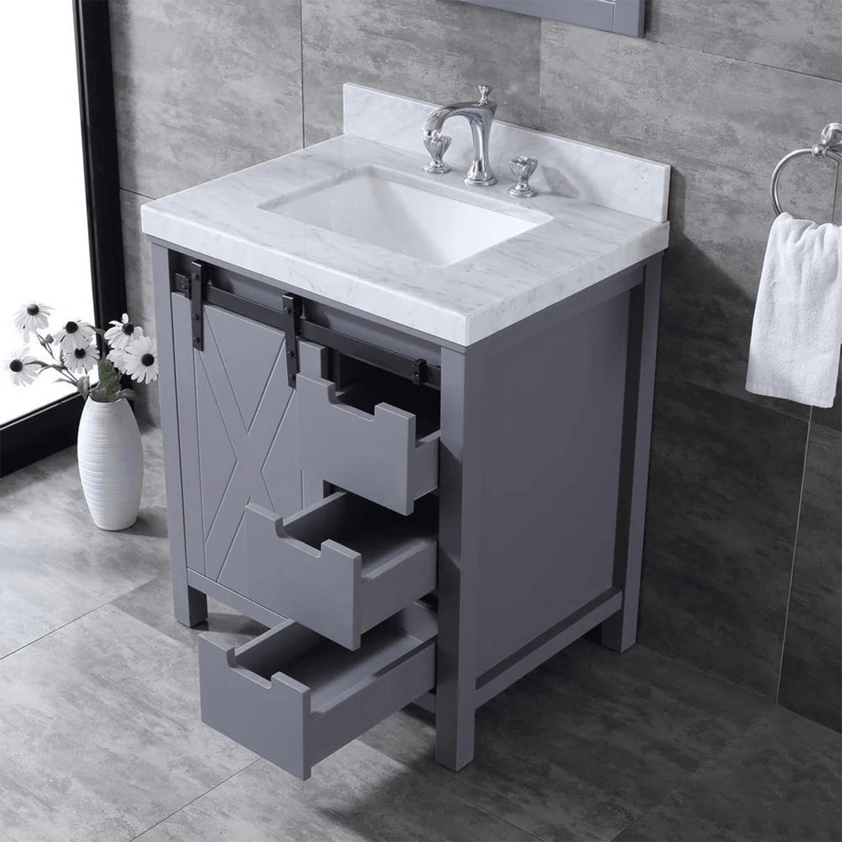 Marsyas Freestanding Dark Grey Freestanding Bathroom Vanity With Undermount Ceramic Sink, White Carrara Marble Top
