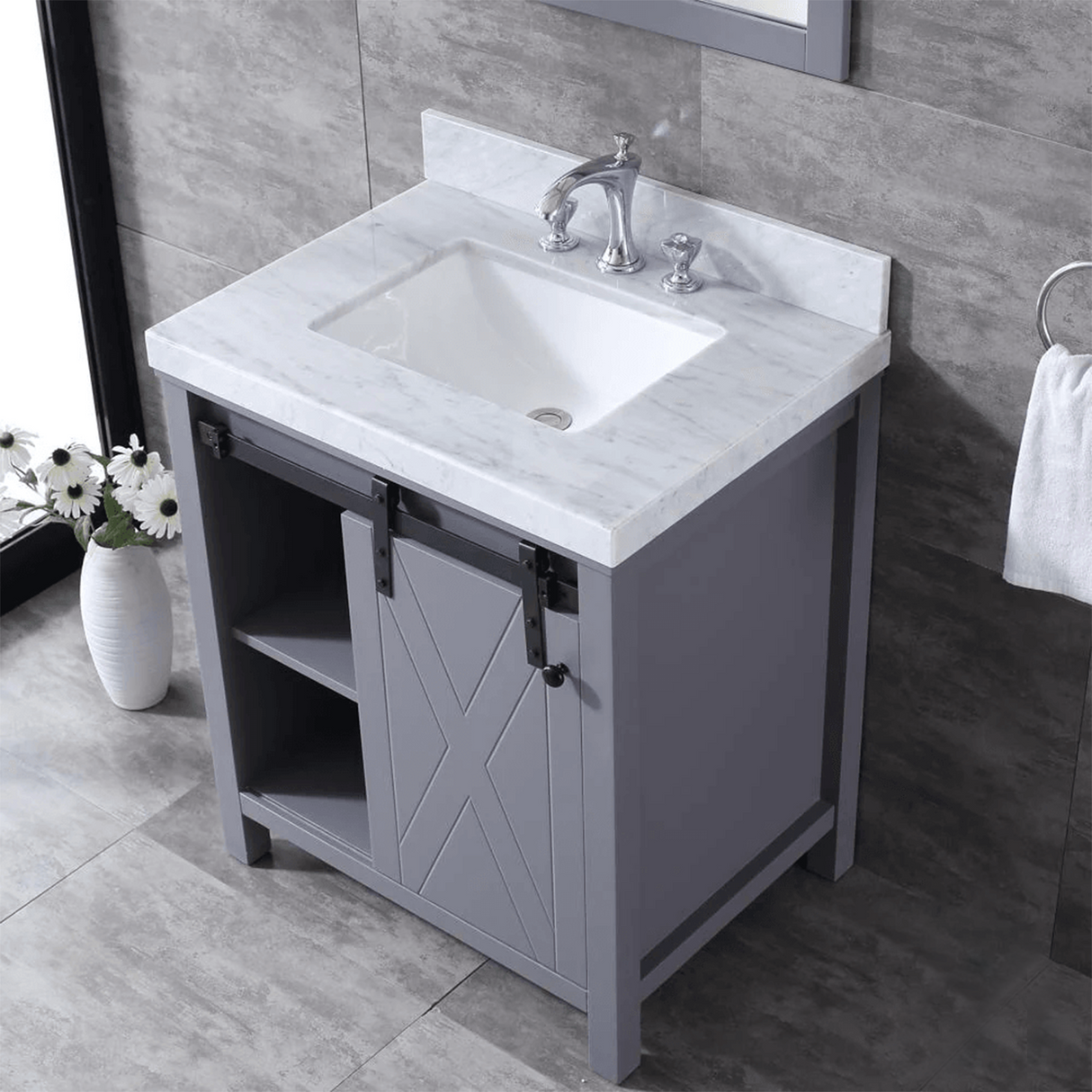 Marsyas Freestanding Dark Grey Freestanding Bathroom Vanity With Undermount Ceramic Sink, White Carrara Marble Top