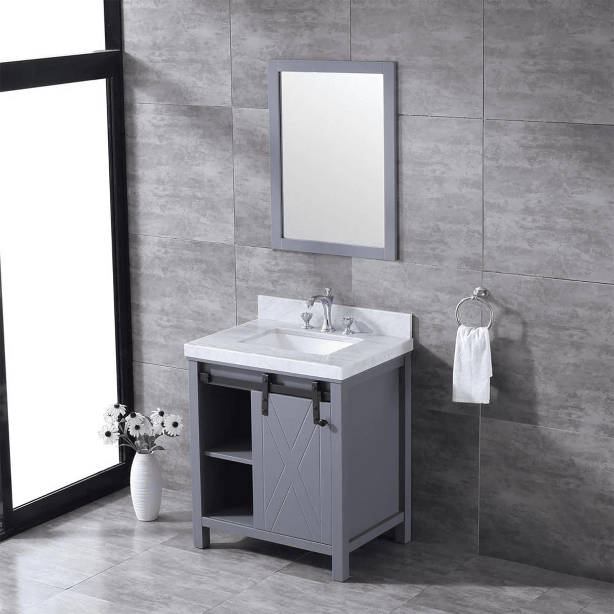 Marsyas 30 In. Freestanding Dark Grey Bathroom Vanity With With Single undermount ceramic sink, White Carrara Marble Top