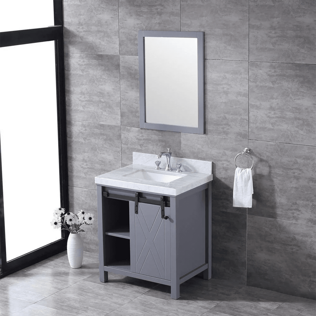 Marsyas Freestanding Dark Grey Freestanding Bathroom Vanity With Undermount Ceramic Sink, White Carrara Marble Top