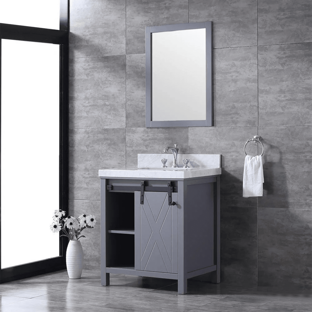 Marsyas 30 In. Freestanding Dark Grey Bathroom Vanity With With Single undermount ceramic sink, White Carrara Marble Top