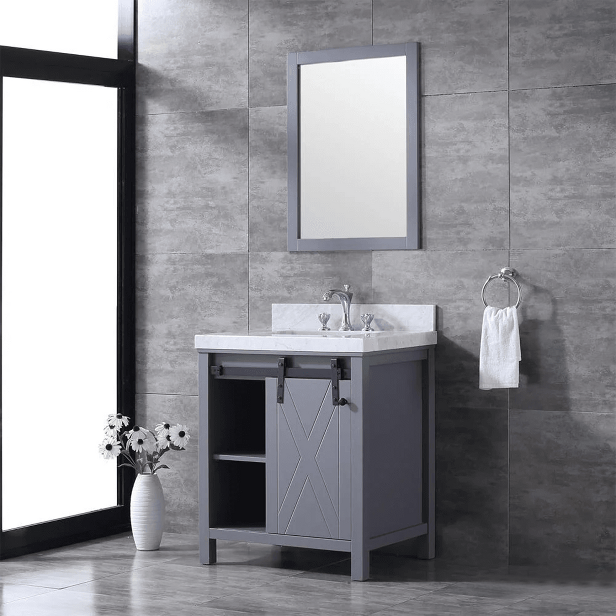 Marsyas Freestanding Dark Grey Freestanding Bathroom Vanity With Undermount Ceramic Sink, White Carrara Marble Top