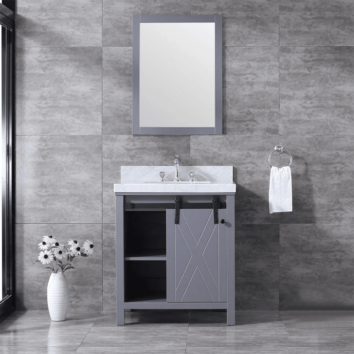 Marsyas 30 In. Freestanding Dark Grey Bathroom Vanity With With Single undermount ceramic sink, White Carrara Marble Top