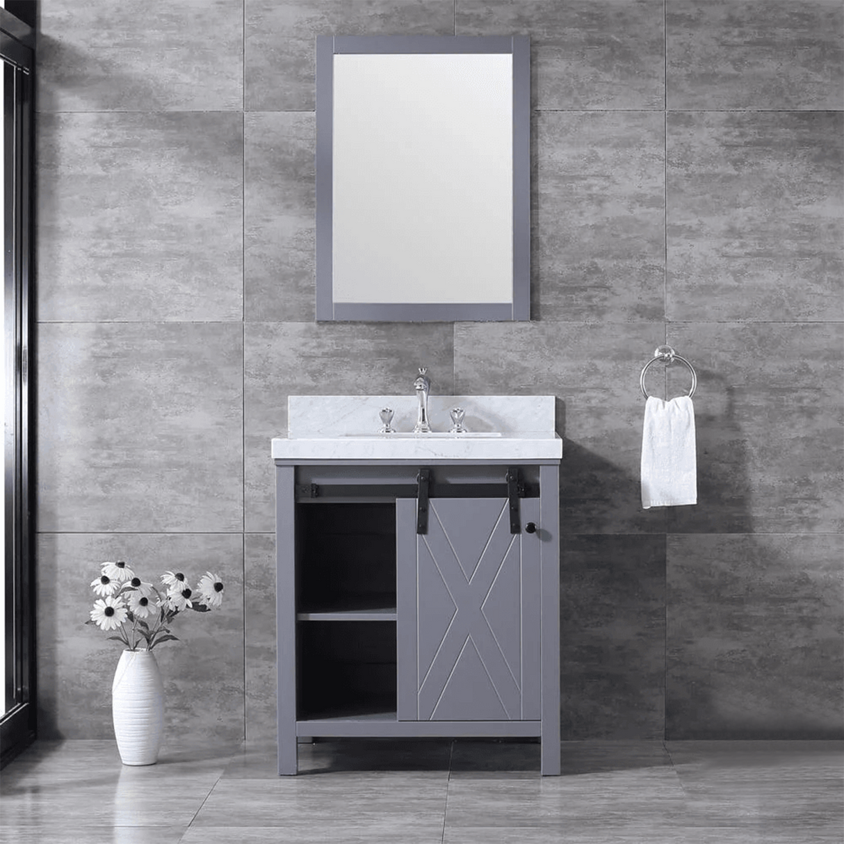 Marsyas Freestanding Dark Grey Freestanding Bathroom Vanity With Undermount Ceramic Sink, White Carrara Marble Top