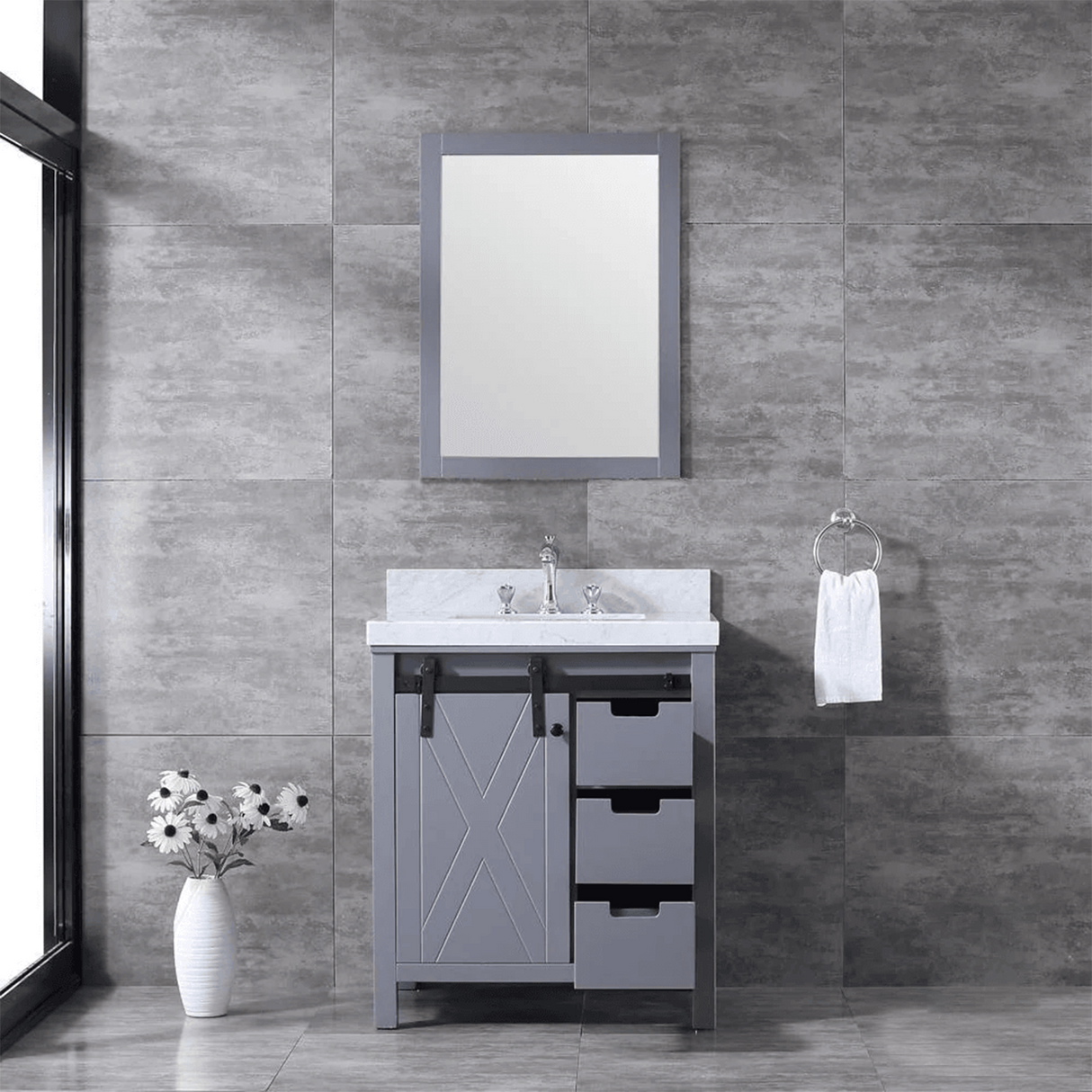 Marsyas Freestanding Dark Grey Freestanding Bathroom Vanity With Undermount Ceramic Sink, White Carrara Marble Top