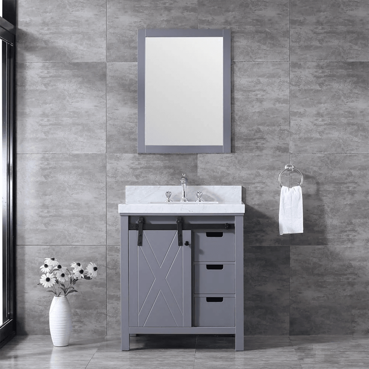 Marsyas Freestanding Dark Grey Freestanding Bathroom Vanity With Undermount Ceramic Sink, White Carrara Marble Top