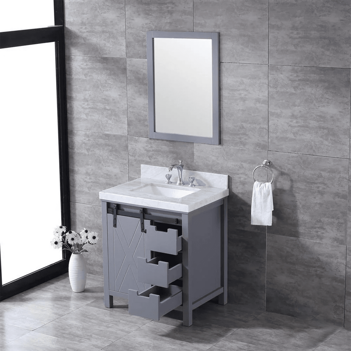 Marsyas 30 In. Freestanding Dark Grey Bathroom Vanity With With Single undermount ceramic sink, White Carrara Marble Top