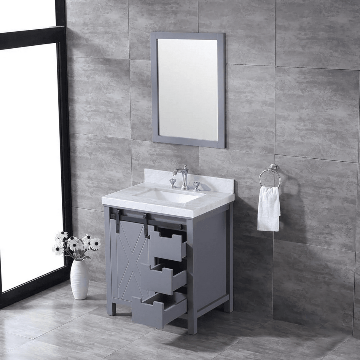Marsyas Freestanding Dark Grey Freestanding Bathroom Vanity With Undermount Ceramic Sink, White Carrara Marble Top