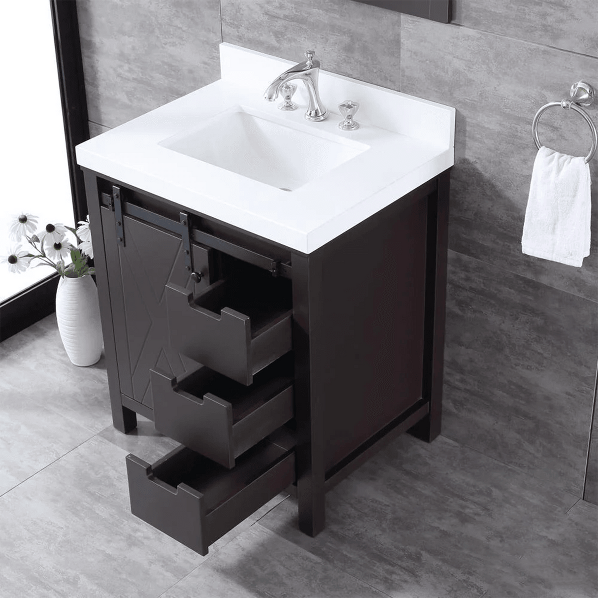 Marsyas 30" Brown Single Vanity, White Quartz Top, White Square Sink and no Mirror