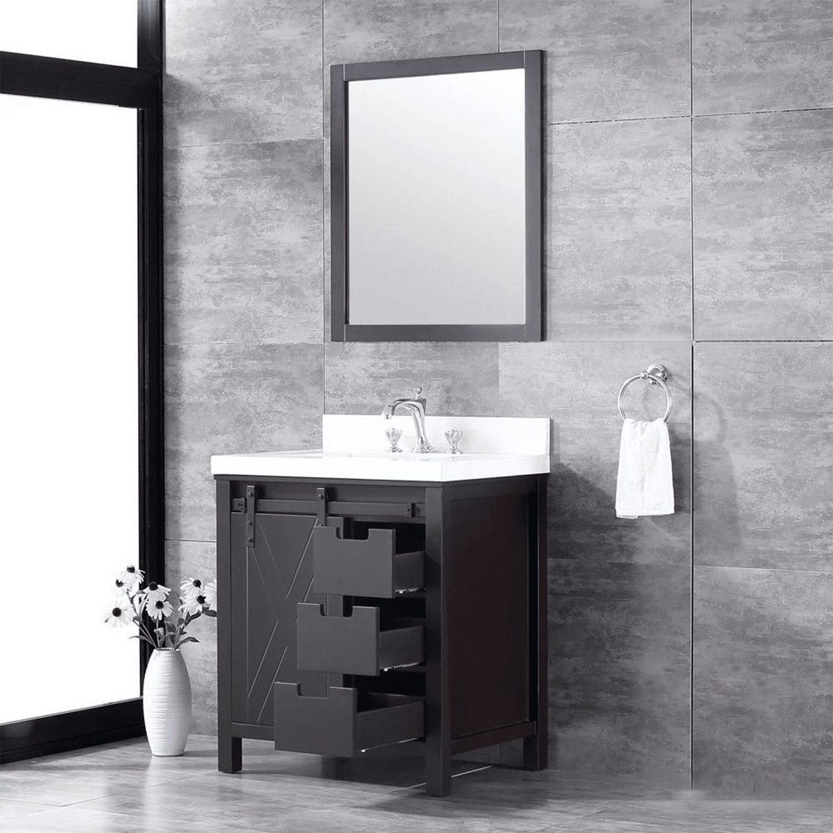 Marsyas Brown Freestanding Bathroom Vanity with White Quartz top, White Square Sink