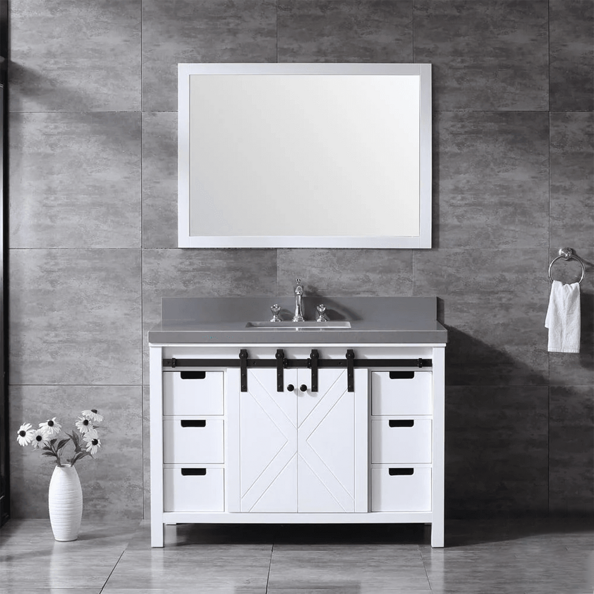 Marsyas 48" White Single Vanity, Grey Quartz Top, White Square Sink and no Mirror