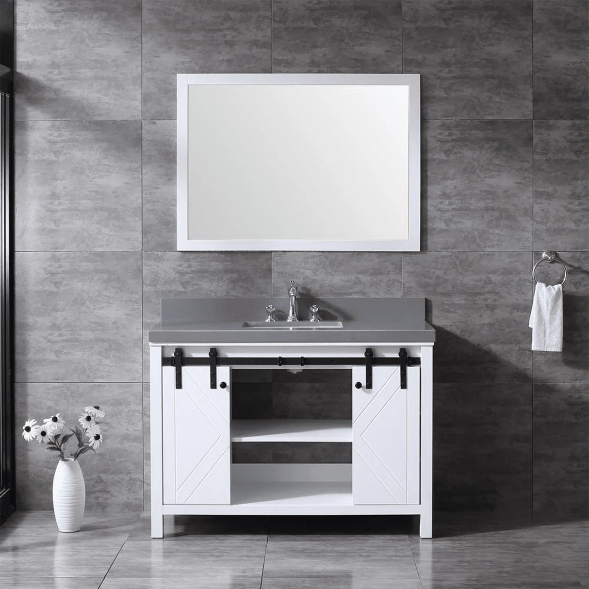 Marsyas 48" White Single Vanity, Grey Quartz Top, White Square Sink and no Mirror