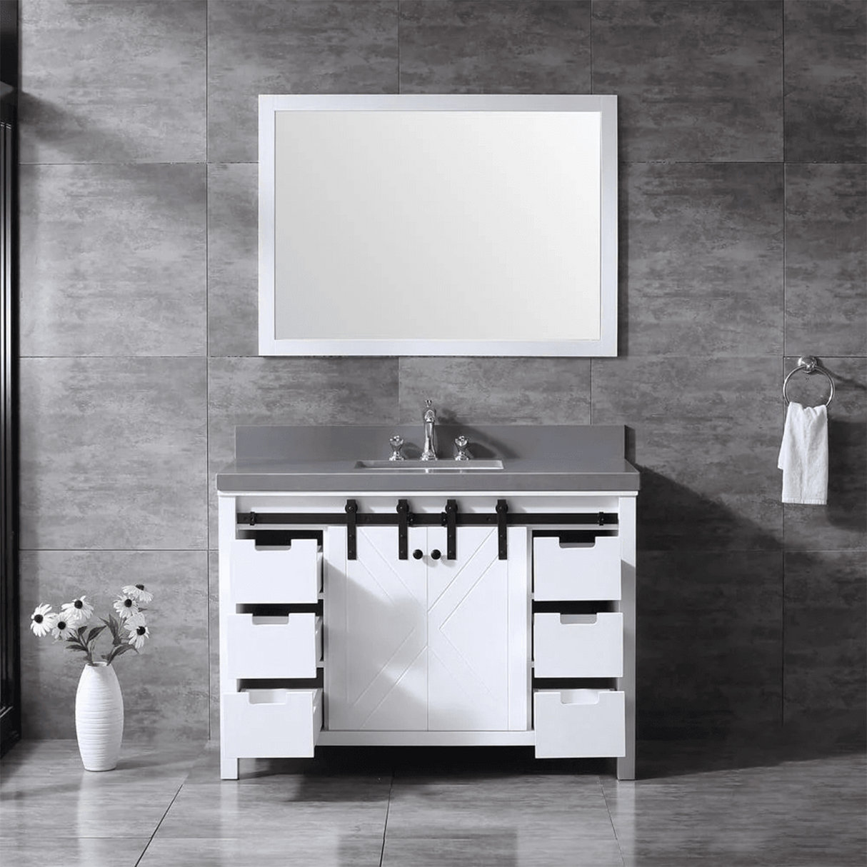 Marsyas 48" White Single Vanity, Grey Quartz Top, White Square Sink and no Mirror