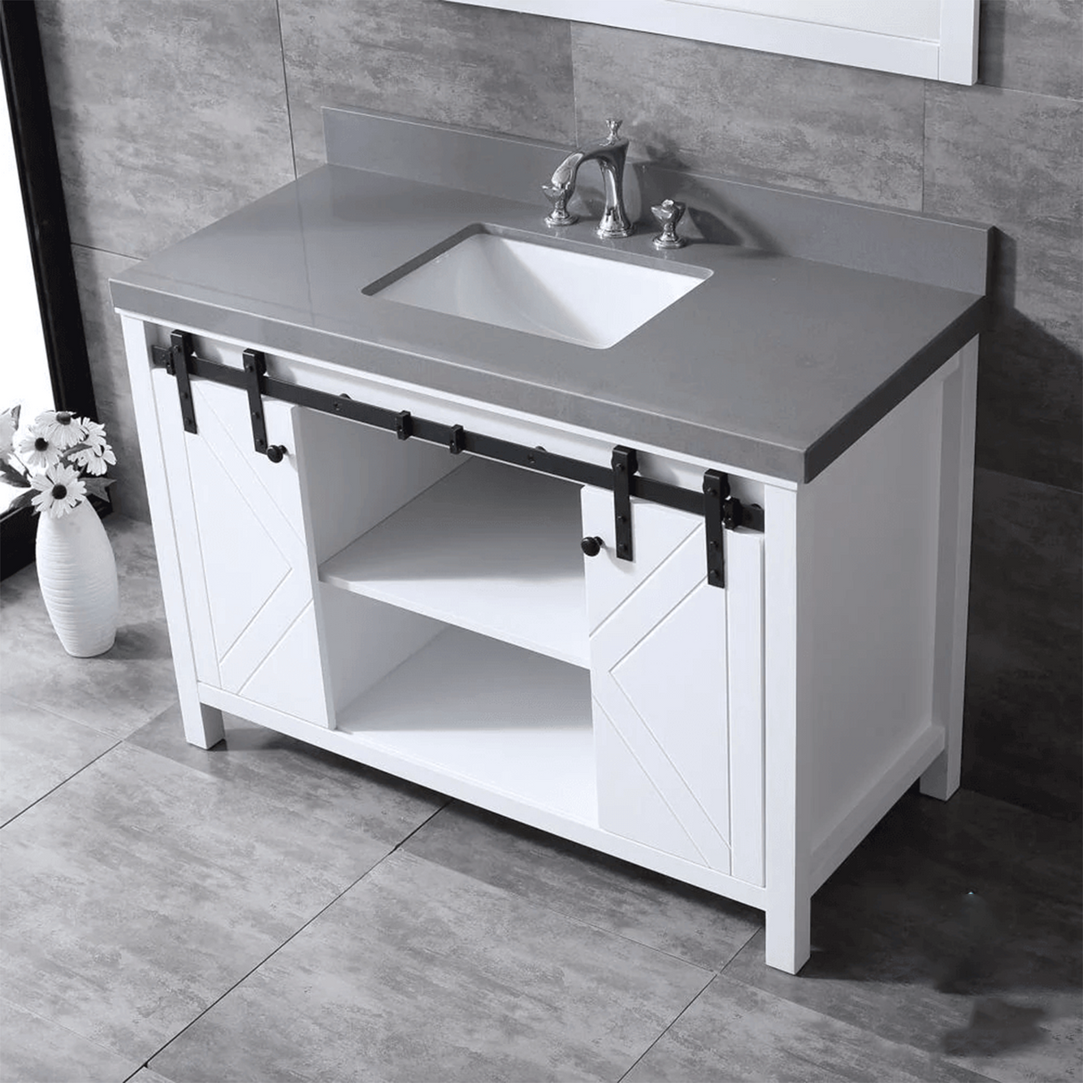 Marsyas 48" White Single Vanity, Grey Quartz Top, White Square Sink and no Mirror