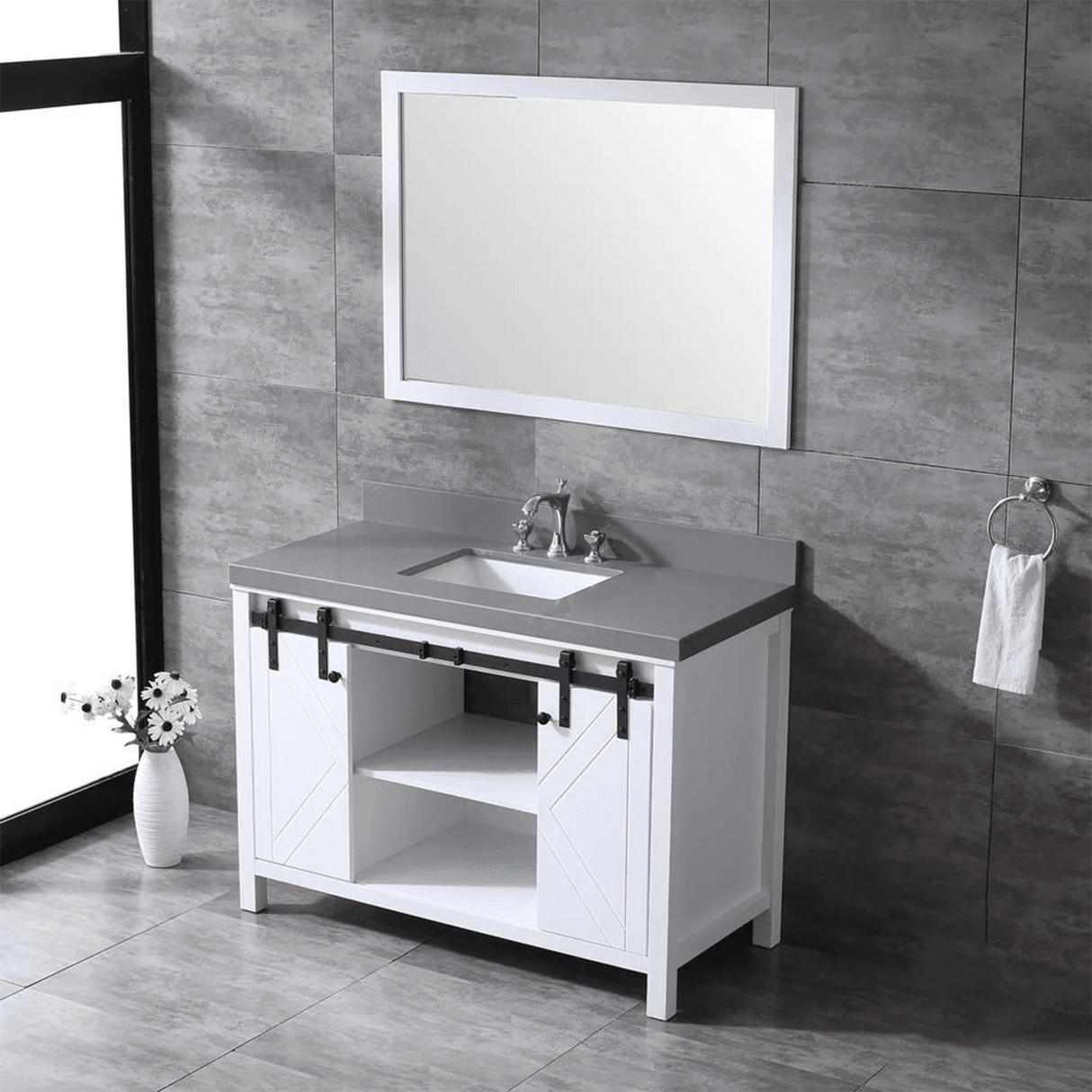 Marsyas 48" White Single Vanity, Grey Quartz Top, White Square Sink and no Mirror