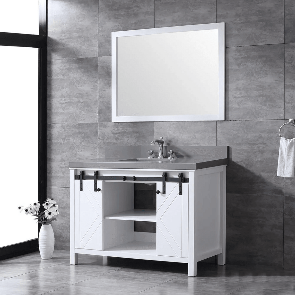 Marsyas 48" White Single Vanity, Grey Quartz Top, White Square Sink and no Mirror