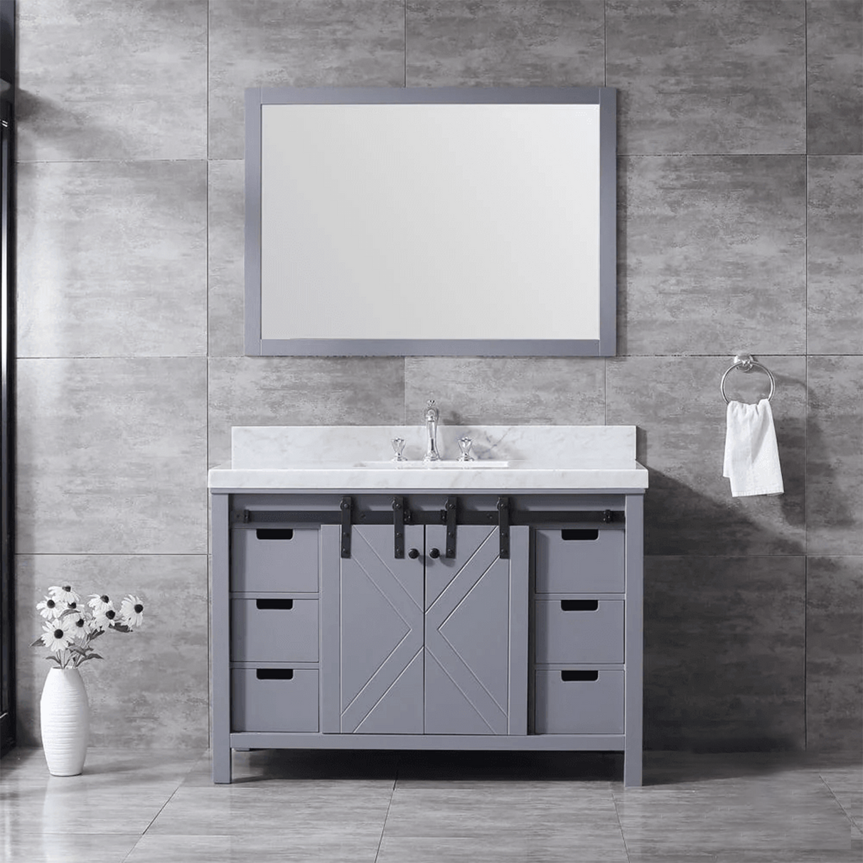 Marsyas 48 In. Freestanding Dark Grey Bathroom Vanity With Single Undermount Ceramic Sink, White Carrara Marble Top