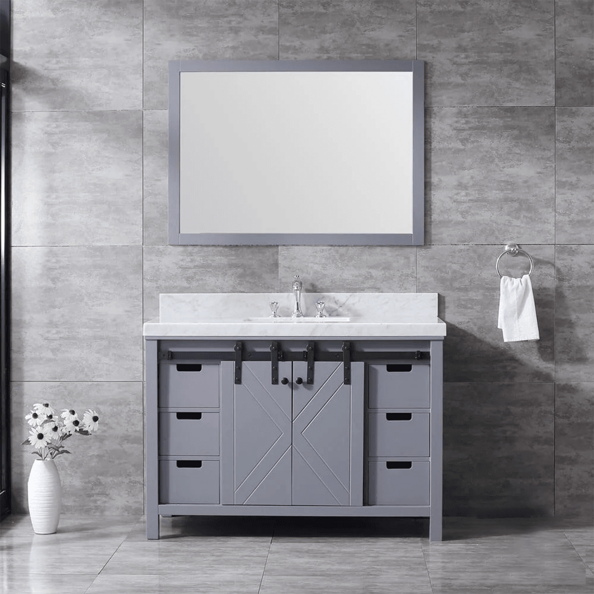 Marsyas Freestanding Dark Grey Freestanding Bathroom Vanity With Undermount Ceramic Sink, White Carrara Marble Top