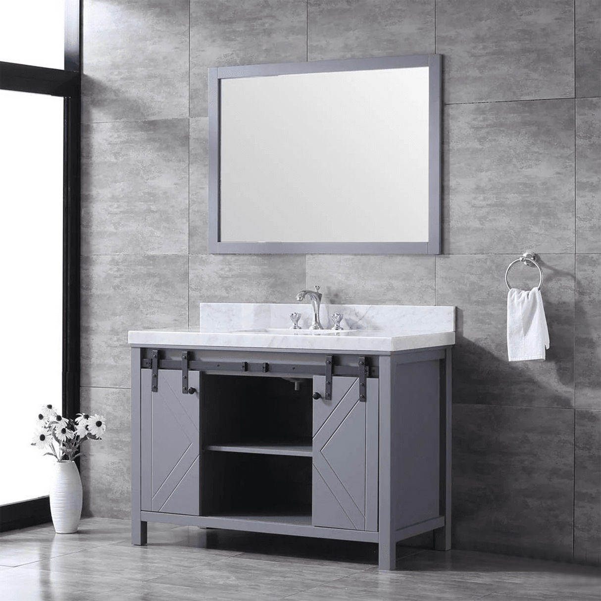 Marsyas 48 In. Freestanding Dark Grey Bathroom Vanity With Single Undermount Ceramic Sink, White Carrara Marble Top