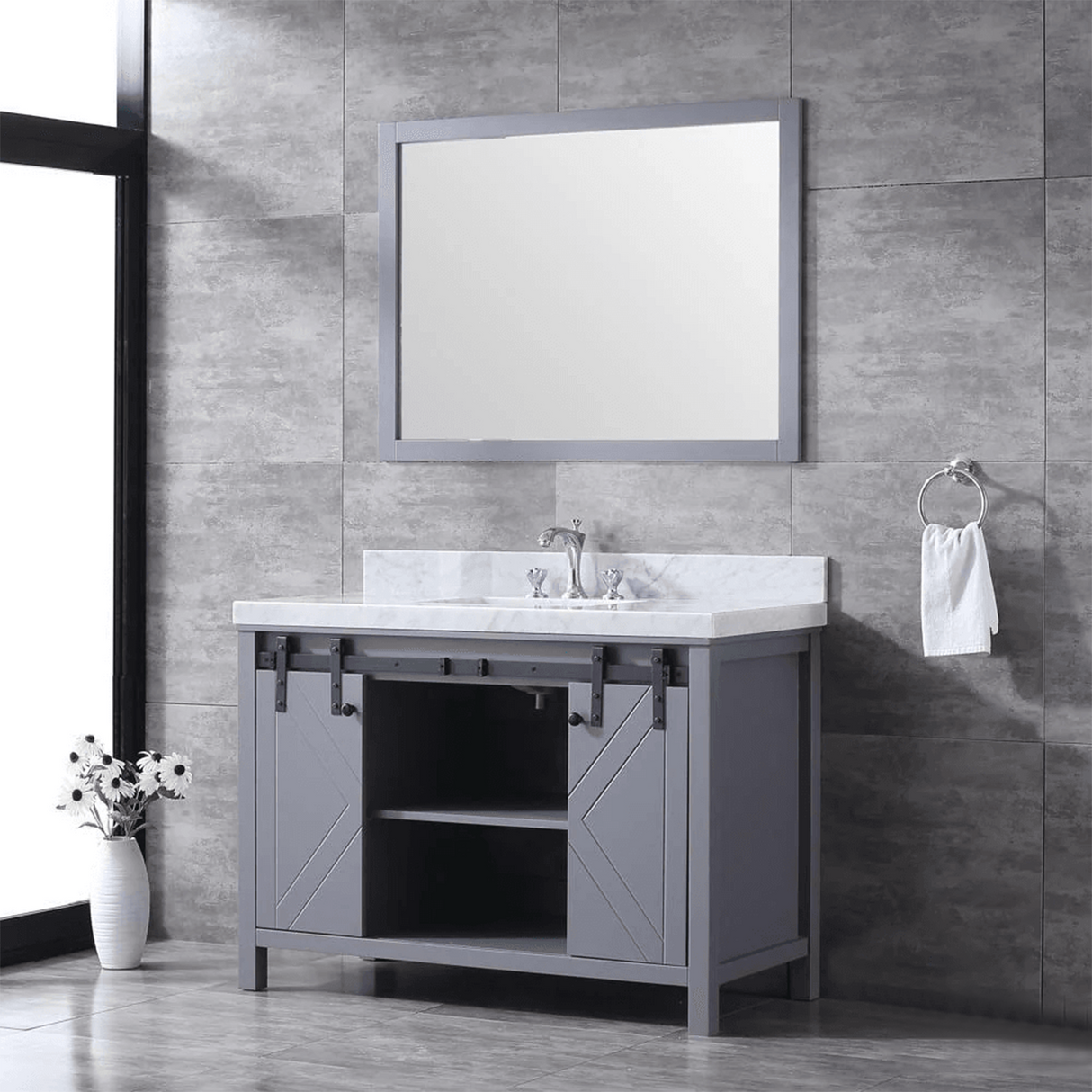 Marsyas Freestanding Dark Grey Freestanding Bathroom Vanity With Undermount Ceramic Sink, White Carrara Marble Top