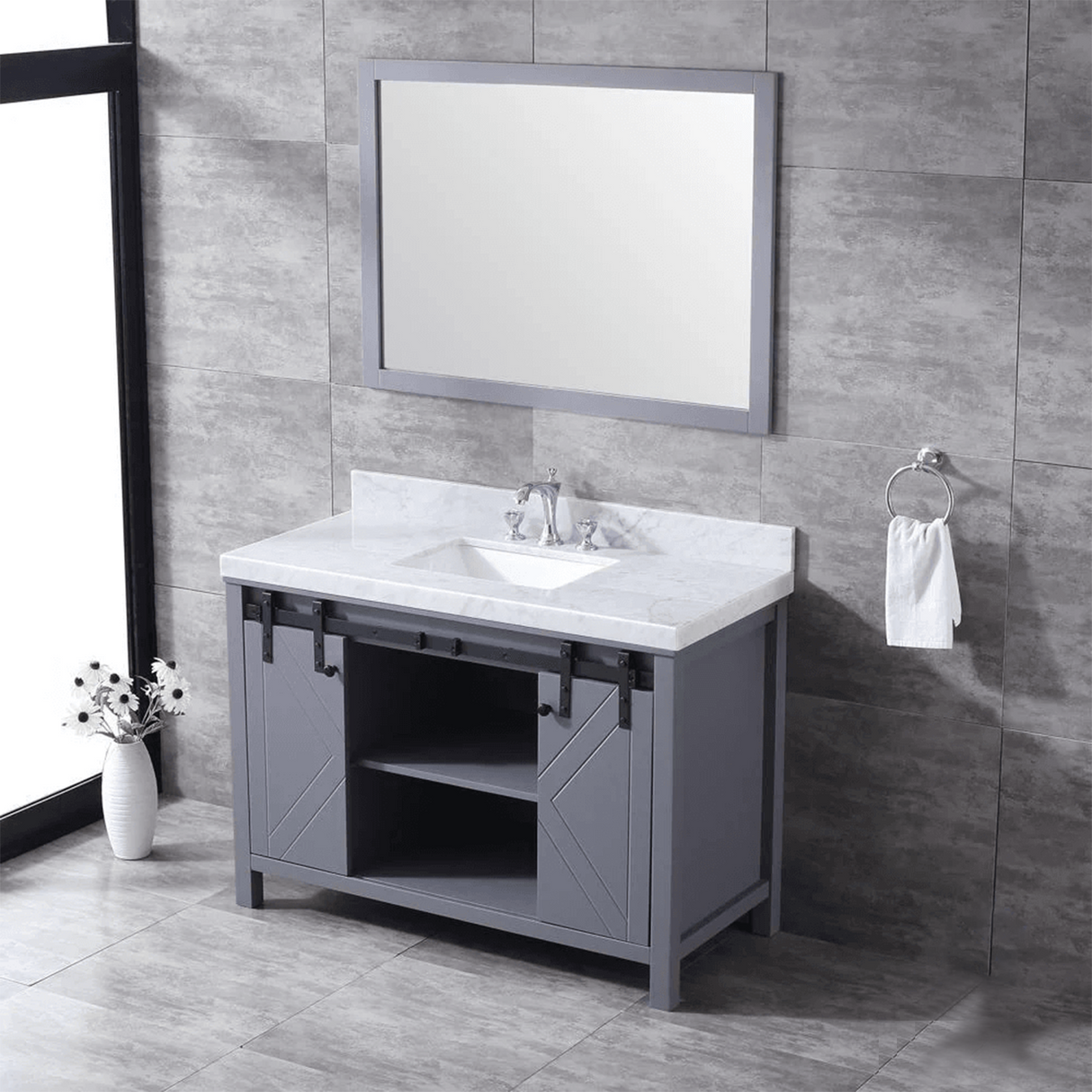 Marsyas 48 In. Freestanding Dark Grey Bathroom Vanity With Single Undermount Ceramic Sink, White Carrara Marble Top