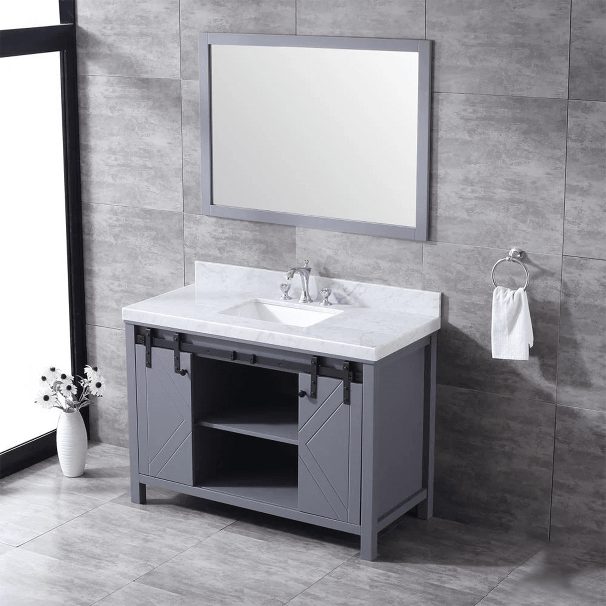 Marsyas Freestanding Dark Grey Freestanding Bathroom Vanity With Undermount Ceramic Sink, White Carrara Marble Top