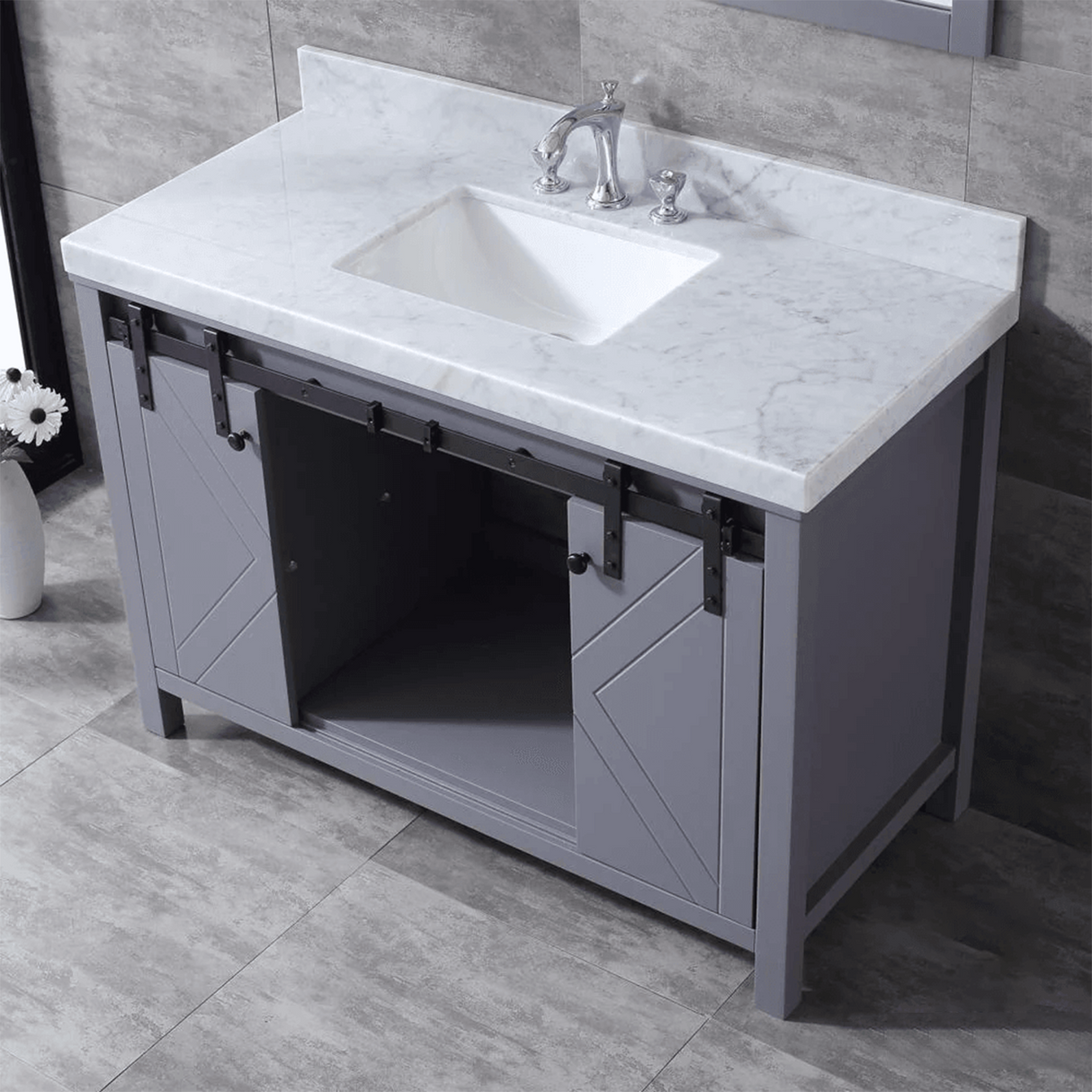 Marsyas Freestanding Dark Grey Freestanding Bathroom Vanity With Undermount Ceramic Sink, White Carrara Marble Top