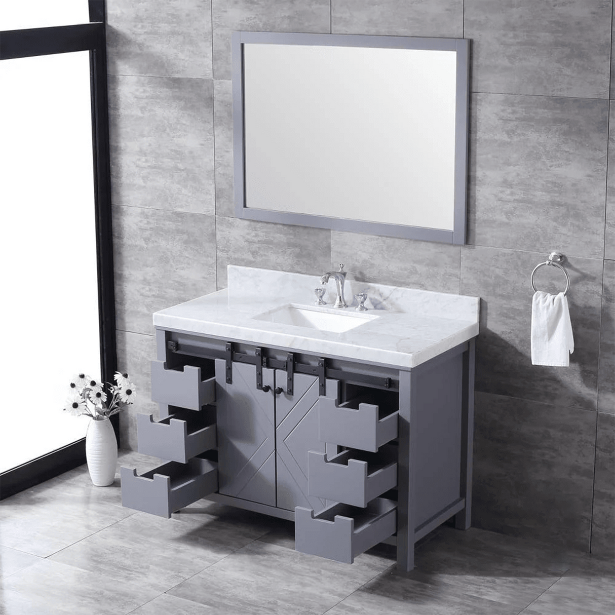 Marsyas Freestanding Dark Grey Freestanding Bathroom Vanity With Undermount Ceramic Sink, White Carrara Marble Top