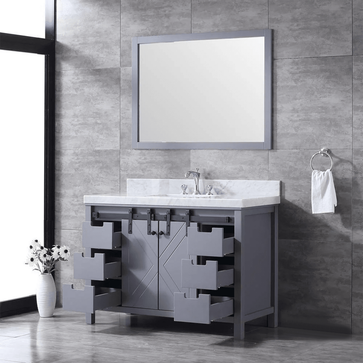 Marsyas Freestanding Dark Grey Freestanding Bathroom Vanity With Undermount Ceramic Sink, White Carrara Marble Top