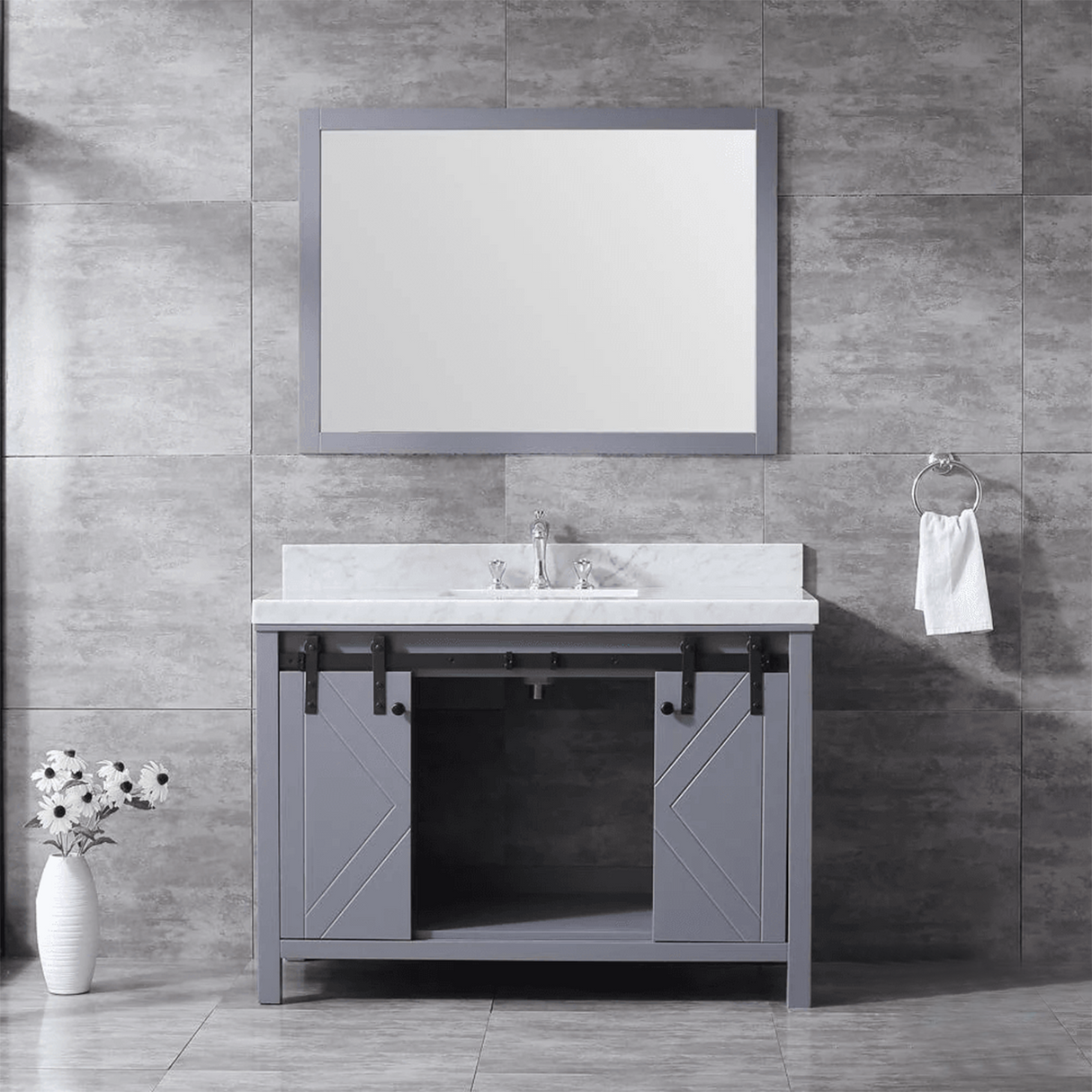 Marsyas Freestanding Dark Grey Freestanding Bathroom Vanity With Undermount Ceramic Sink, White Carrara Marble Top
