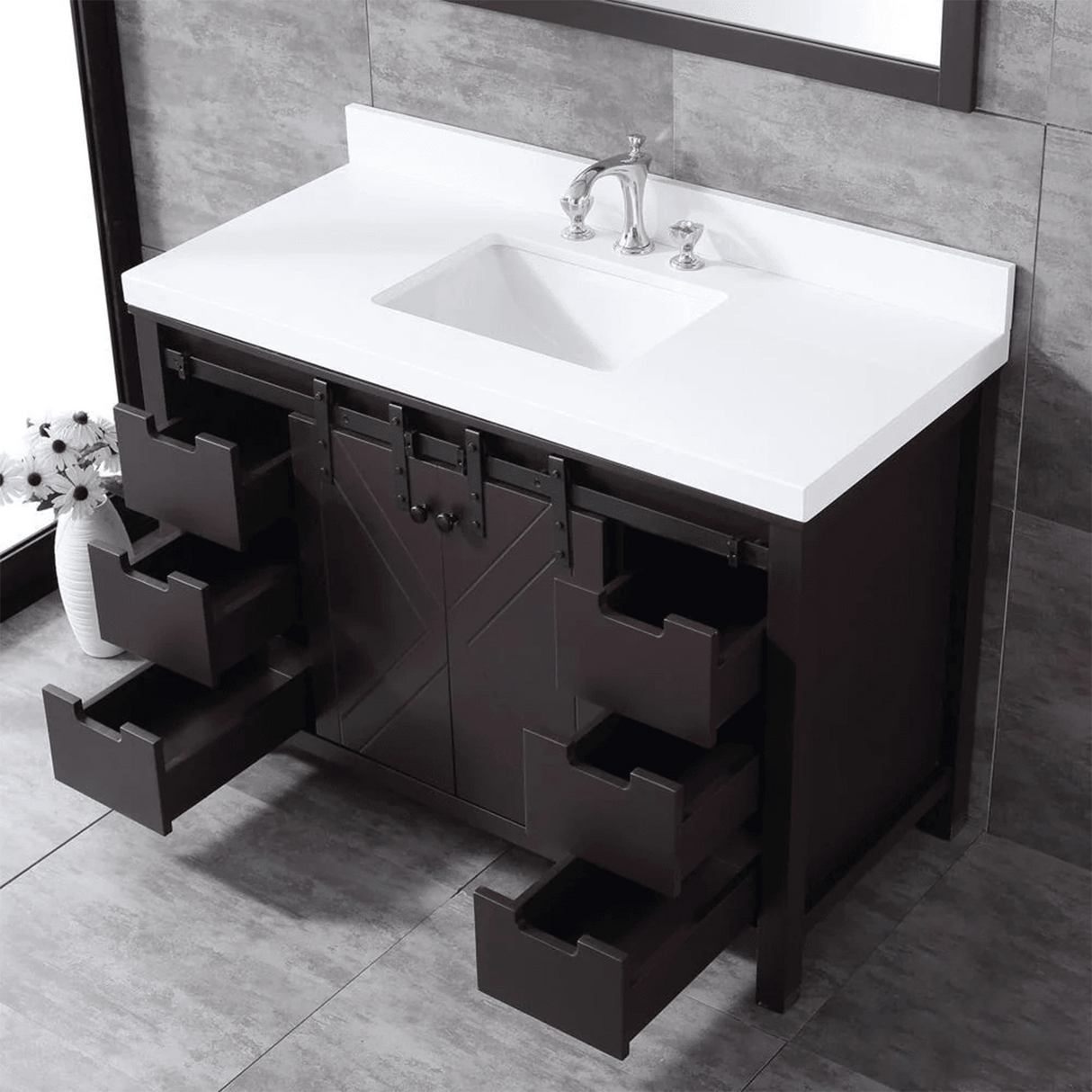 Marsyas 48" Brown Single Vanity, White Quartz Top, White Square Sink and no Mirror