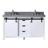 Marsyas 60" White Double Vanity, Grey Quartz Top, White Square Sinks and no Mirror