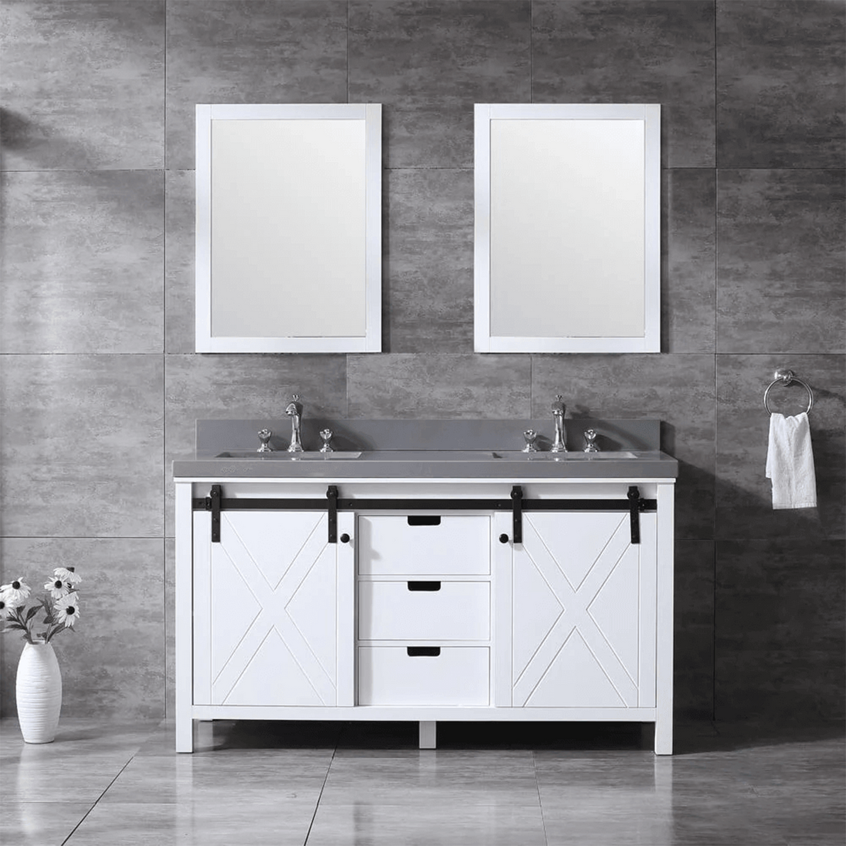 Marsyas 60" White Double Vanity, Grey Quartz Top, White Square Sinks and no Mirror