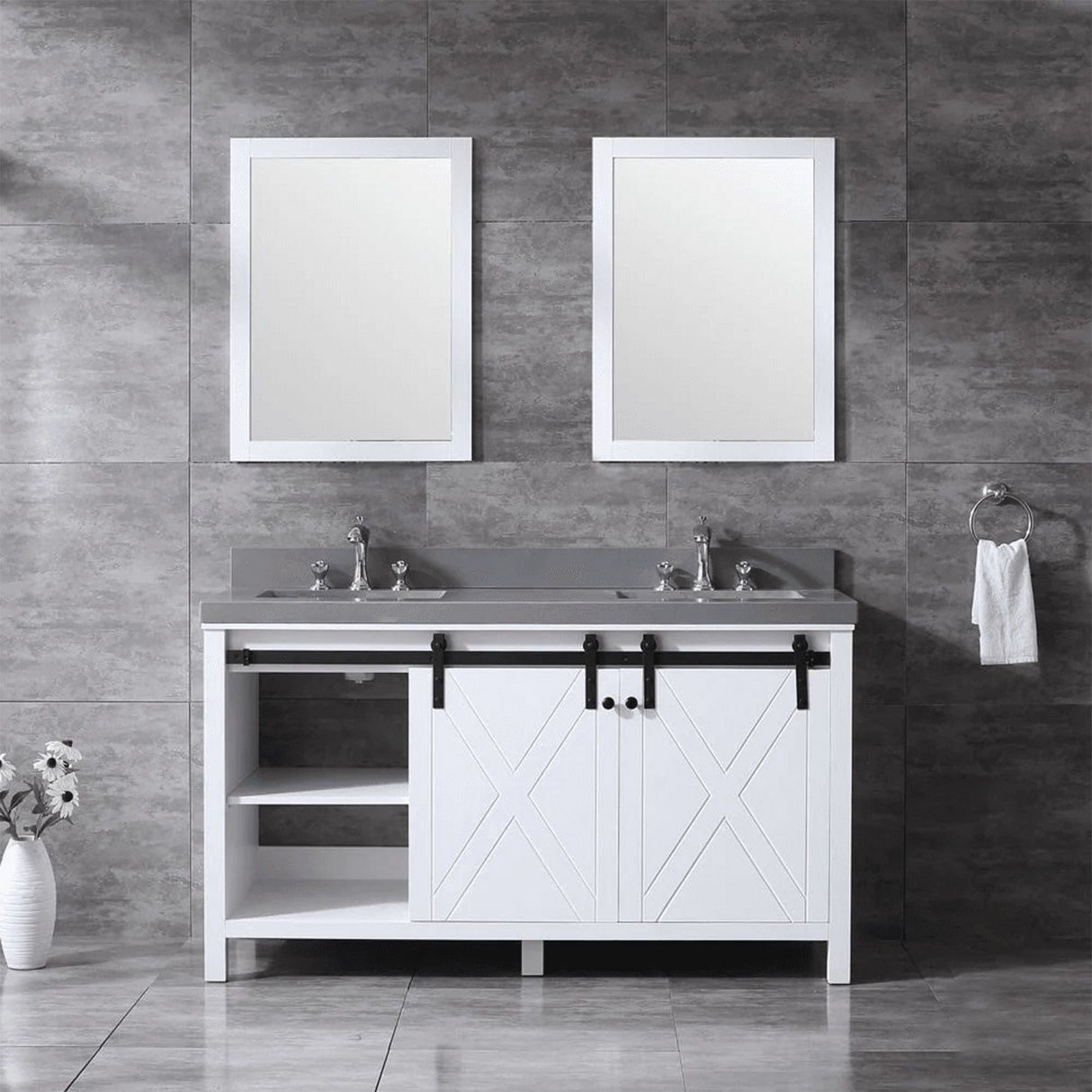 Marsyas 60" White Double Vanity, Grey Quartz Top, White Square Sinks and no Mirror