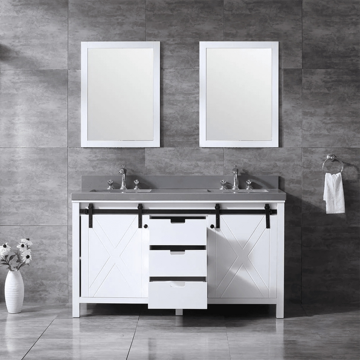 Marsyas 60" White Double Vanity, Grey Quartz Top, White Square Sinks and no Mirror