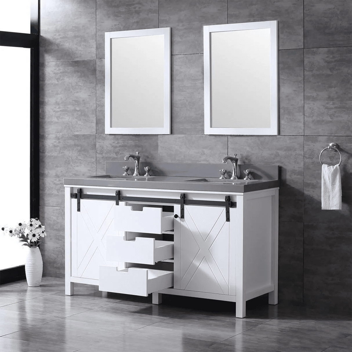 Marsyas 60" White Double Vanity, Grey Quartz Top, White Square Sinks and no Mirror