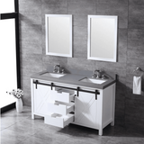 Marsyas 60" White Double Vanity, Grey Quartz Top, White Square Sinks and no Mirror